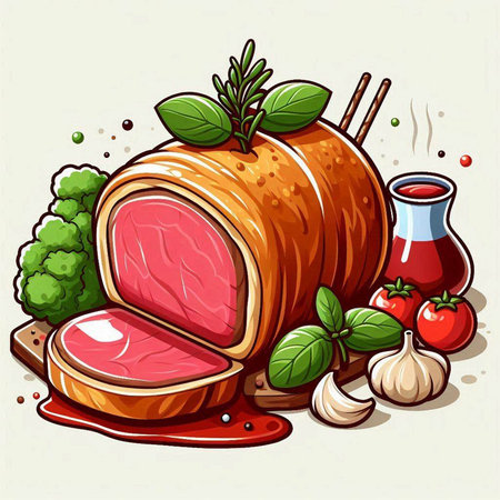 Illustration of a piece of meat with vegetables on a white backgroundのイラスト素材