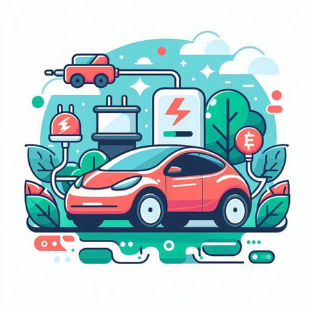 Electric car charging station. Electric vehicle in flat style. Vector illustration.のイラスト素材