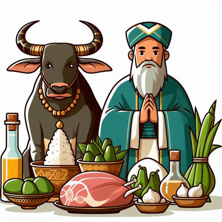 Vector illustration of a farmer with buffalo, vegetables, meat and oil.のイラスト素材