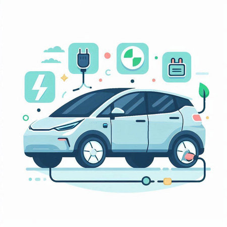 Electric car on white background. Vector illustration in flat cartoon style.のイラスト素材