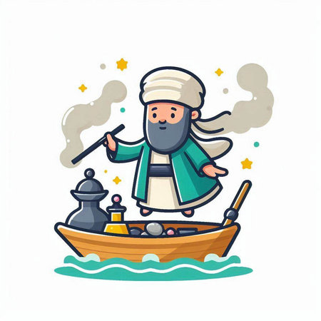 Vector illustration of the wise man in a boat. Cartoon character.のイラスト素材