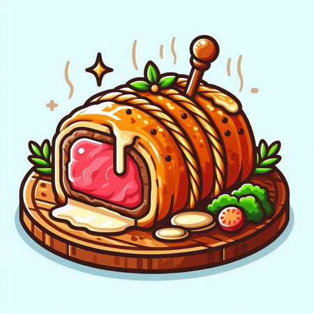Piece of meat on a wooden board. Vector cartoon illustration.のイラスト素材