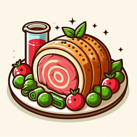 Rolled bacon with vegetables and sauce on a plate. Vector illustration.のイラスト素材