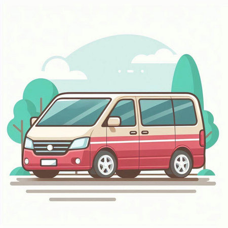 Vector illustration of a red van on the road. Flat style.のイラスト素材