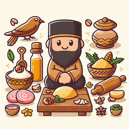 Vector illustration of Muslim man in traditional clothes cooking food. Cartoon style.のイラスト素材