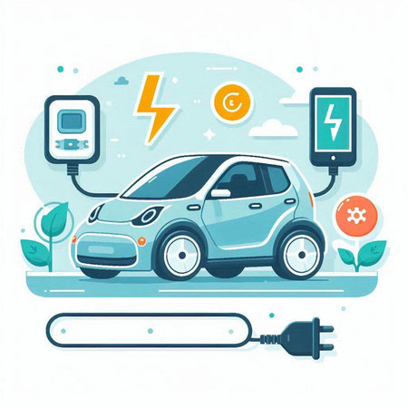 Electric car and charging station on white background, flat vector illustration.のイラスト素材
