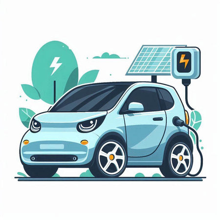 Electric car charging with solar panel. Eco friendly vehicle. Vector illustration.のイラスト素材