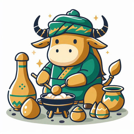 Vector illustration of a bull in a green knitted hat with a pot of sugar cubes and a bowl of honey.のイラスト素材