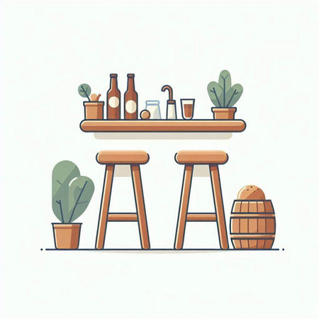 Bar counter with beer bottles and barrel. Vector illustration in flat styleのイラスト素材