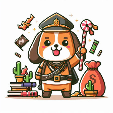 Cute cartoon dog in a pirate costume with a magic wand and books. Vector illustration.のイラスト素材