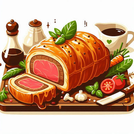 Meatloaf with vegetables and spices on wooden board. Vector illustrationのイラスト素材