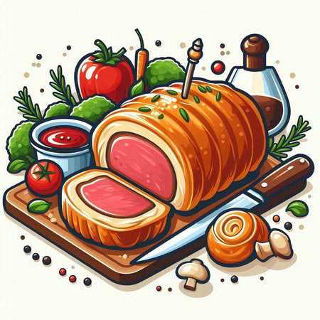 Meatloaf with vegetables and spices on a wooden board. Vector illustrationのイラスト素材