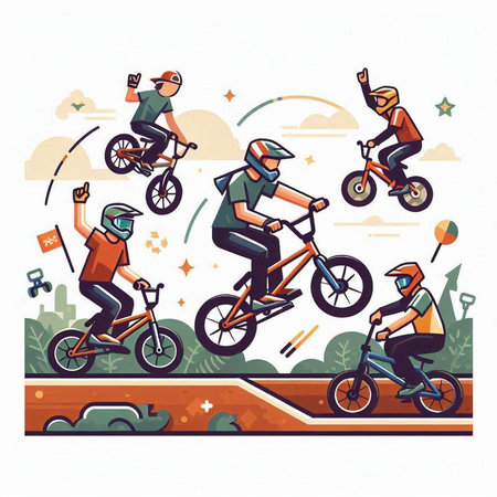 Bicyclists riding bicycles in the park. Vector illustration.のイラスト素材
