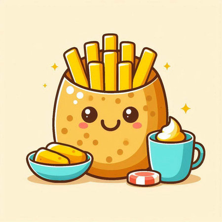 Cute kawaii french fries with cup of coffee, vector illustration.のイラスト素材