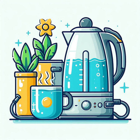 Kitchen equipment. Electric kettle, cup of tea and plant. Vector illustration.のイラスト素材