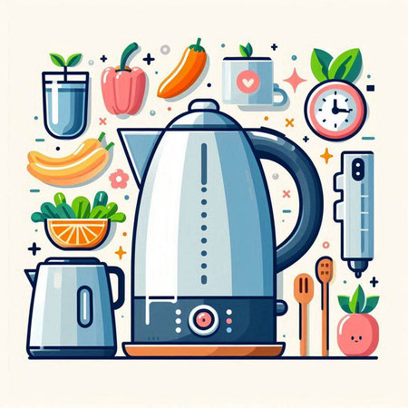 Kitchen utensils. Electric kettle with fruits and vegetables.のイラスト素材