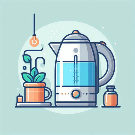 Kitchen utensils. Electric kettle, coffee grinder, cup, pot. Vector illustrationのイラスト素材