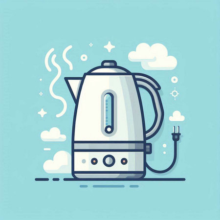 Electric kettle. Vector illustration in flat linear style on blue background.のイラスト素材