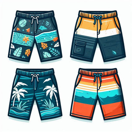 Set of summer beach shorts. Vector illustration isolated on white background.のイラスト素材