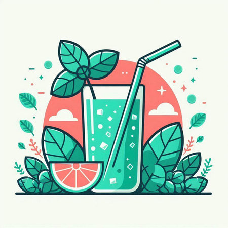 Cocktail with mint leaves. Vector illustration in flat style.のイラスト素材