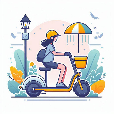 Young woman riding a scooter in the park. Vector illustration.のイラスト素材