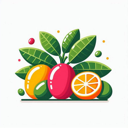 Fruits and vegetables vector illustration. Mango, orange, green leaves.のイラスト素材