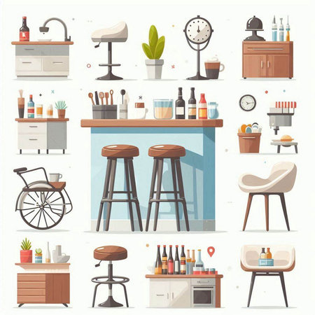 Set of bar icons in flat style. Vector illustration. Furniture and interior elements.のイラスト素材
