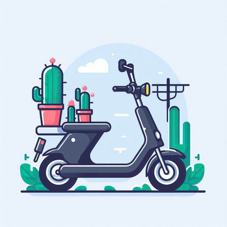 Modern scooter with cactus in pot. Vector illustration in flat styleのイラスト素材