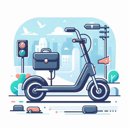 Vector illustration of a scooter with a briefcase in the city.のイラスト素材