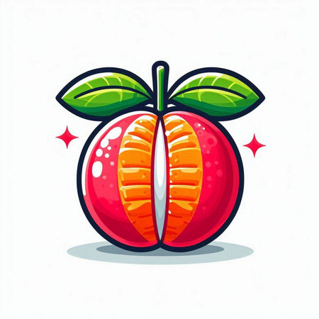 Illustration of a red apple with green leaves on a white backgroundのイラスト素材
