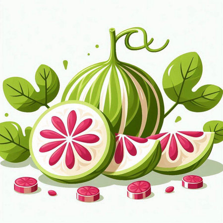 Illustration of fresh watermelon with slice and leaves on white backgroundのイラスト素材