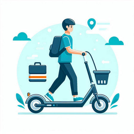 Young man with a backpack rides a scooter. Flat vector illustration.のイラスト素材