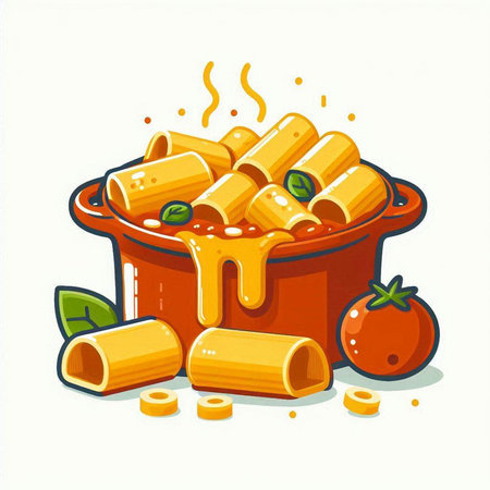 Illustration of a bowl of pasta with tomato sauce on a white backgroundのイラスト素材
