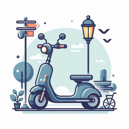 Vintage scooter on the street, vector illustration in flat styleのイラスト素材
