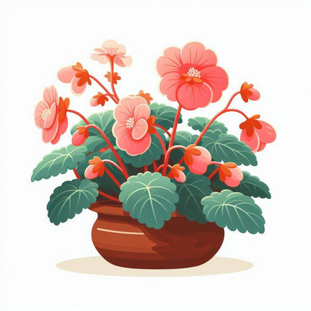 Flowerpot with red begonia on a white background. Vector illustration.のイラスト素材