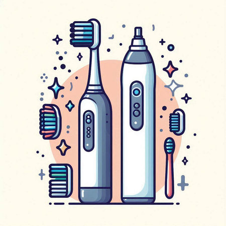 Electric toothbrush and toothpaste. Vector illustration in flat linear style.のイラスト素材