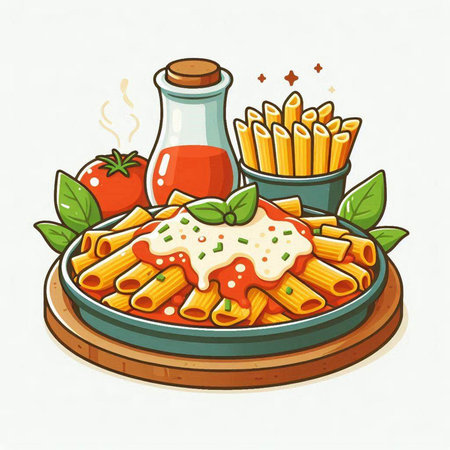 Illustration of a plate of pasta with tomato sauce and french friesのイラスト素材