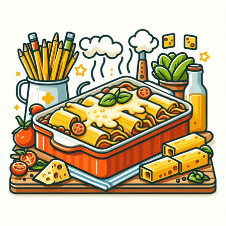 Illustration of lasagna with cheese, tomato and basil in a baking dishのイラスト素材