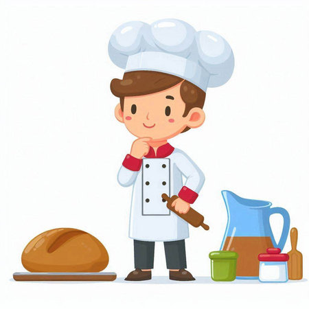 Vector illustration of a boy in a chef's hat with a rolling pin and a pieのイラスト素材