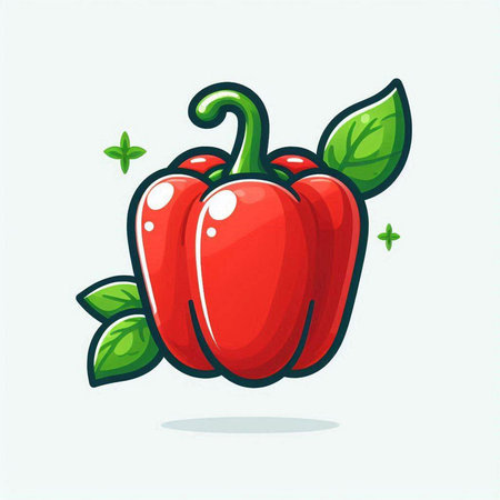 Pepper icon. Vector illustration of a red pepper with leaves.のイラスト素材