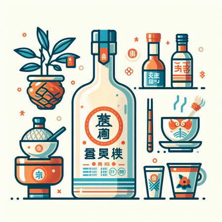 Chinese New Year flat icons set. Vector illustration in thin line styleのイラスト素材