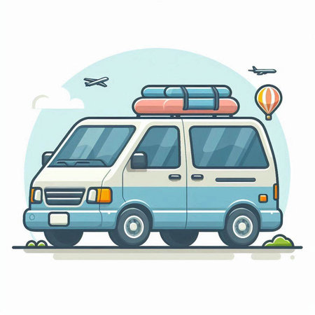 Illustration of a van with luggage on the roof. Vector illustration.のイラスト素材