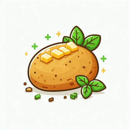 Potato vector illustration. Cartoon potato with green leaves isolated on white background.のイラスト素材