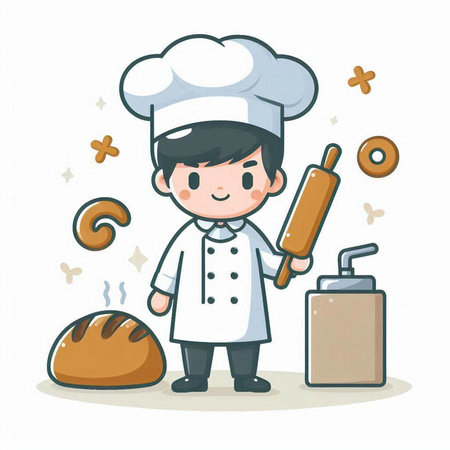 Illustration of a Cute Cartoon Chef with Bread and Rolling Pinのイラスト素材