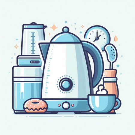 Kitchen utensils. Electric kettle, blender, juicer, mixer, coffee cup. Vector illustration.のイラスト素材
