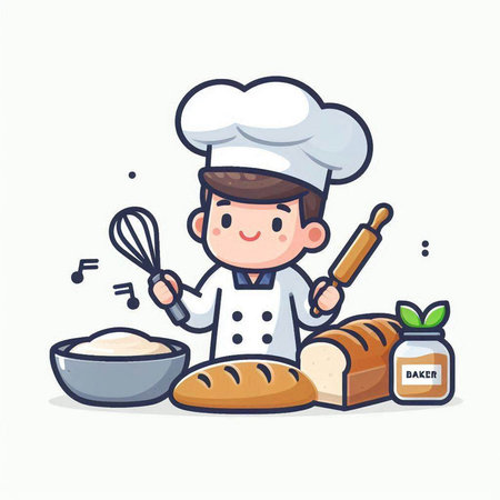 Chef boy with bread, flour and eggs. Cute cartoon vector illustration.のイラスト素材