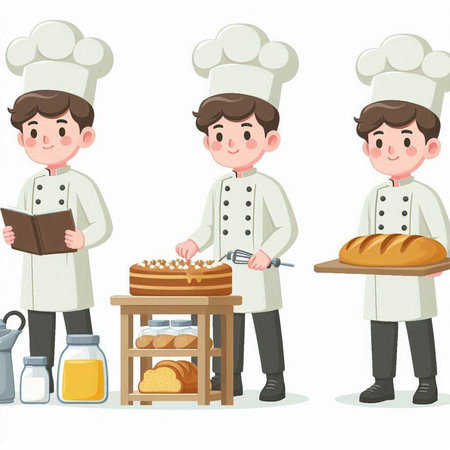 Illustration of a set of cartoon chef and baker with various breadのイラスト素材