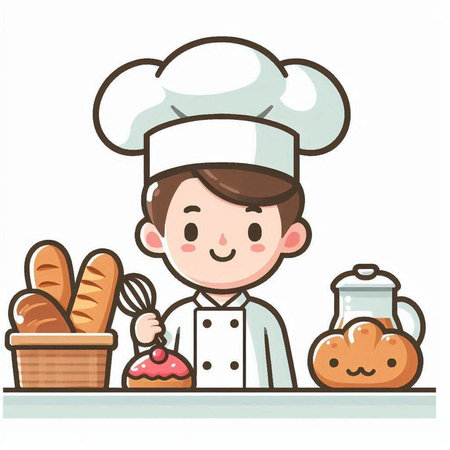 Illustration of a Cute Little Boy Cooking in a Bakeryのイラスト素材