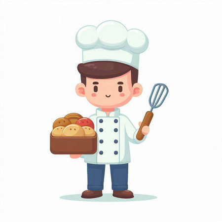 Cute cartoon chef with basket of bread and rolling pin. Vector illustrationのイラスト素材