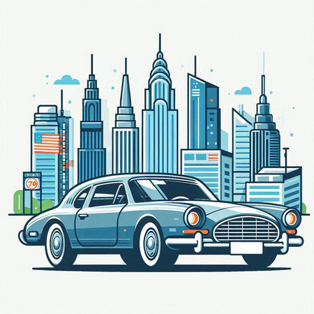 Retro car on the background of the city. Vector illustration.のイラスト素材